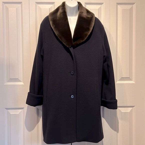 Steilmann Jackets & Blazers - Steilmann Navy Wool Blend Coat With Brown Faux Fur Collar Size 10